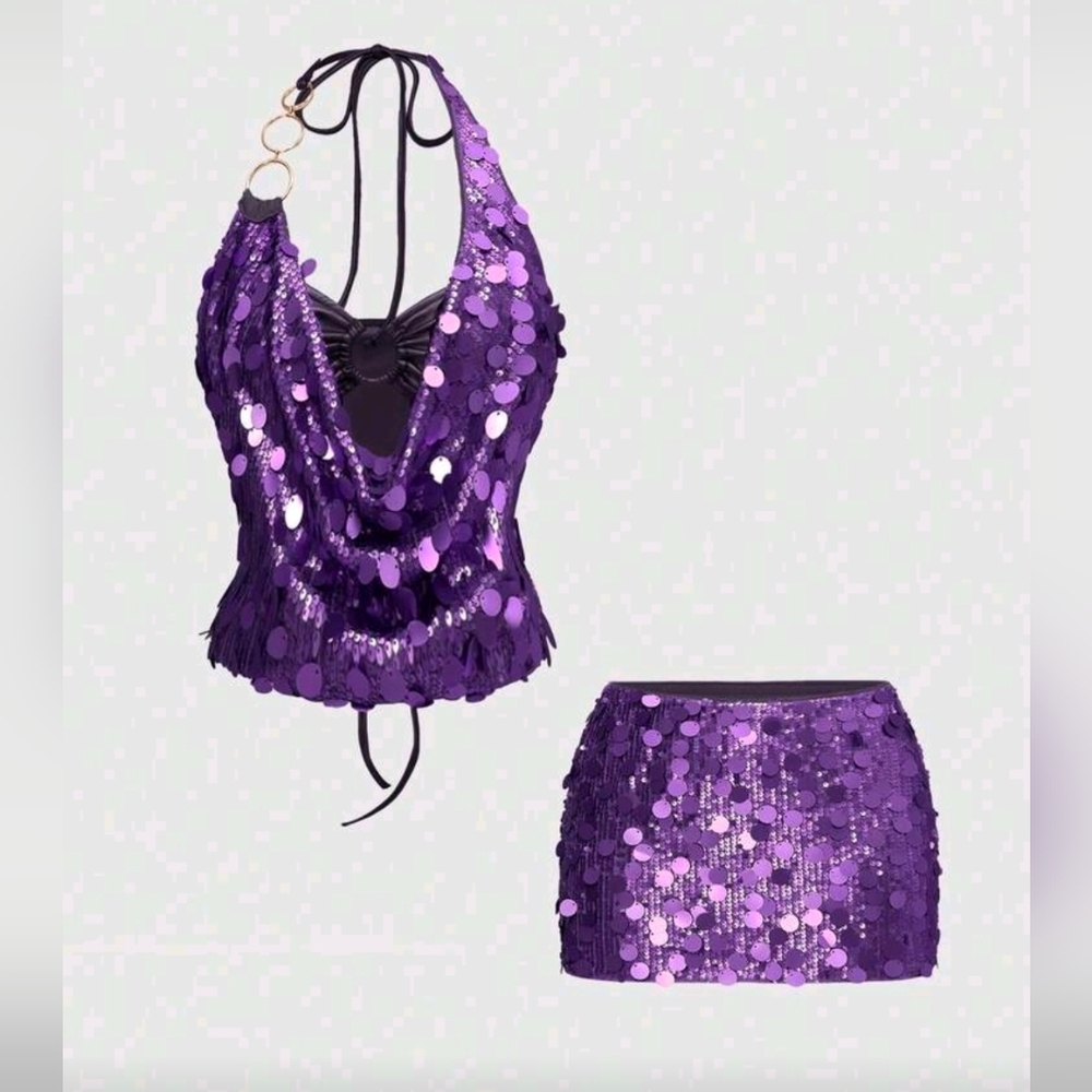 ROMWE Vintage Y2K Sequin Halter Crop Top And Low Waist Mini Skirt 2-Piece Set